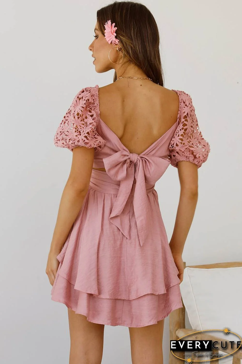 Pink Lace Sleeve Smocked High Waist Mini Dress