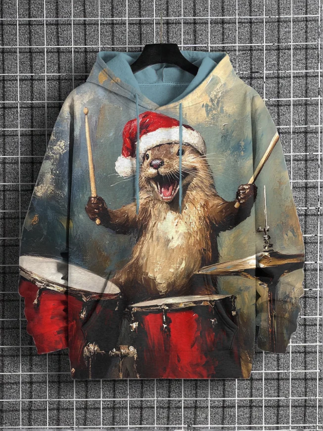 Men's Beaver Plays The Drums Art Print Casual Hoodie