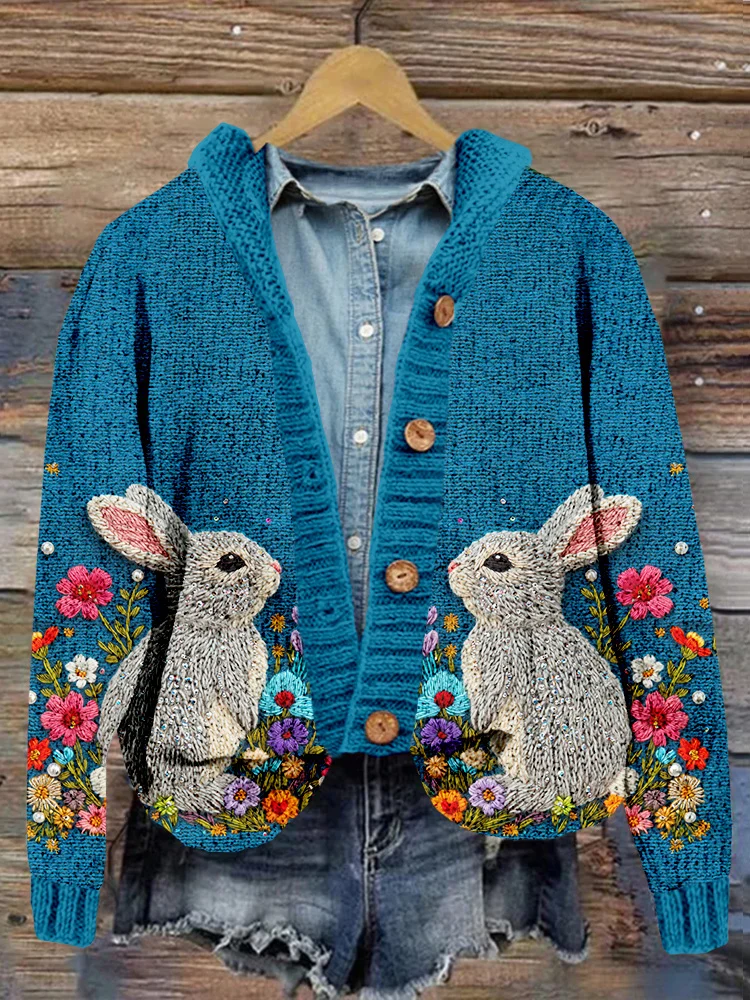 VChics Bright Pastel Knitted Bunny Pattern Cozy Cardigan
