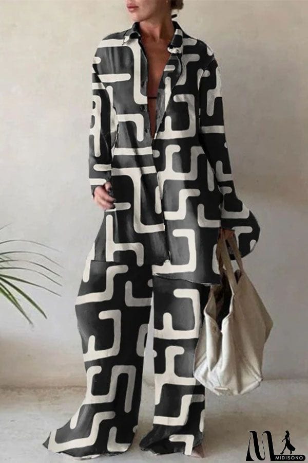 MidiSono - Fashion Print Loose Long Sleeve Shirt + Straight Pants Two Piece Set