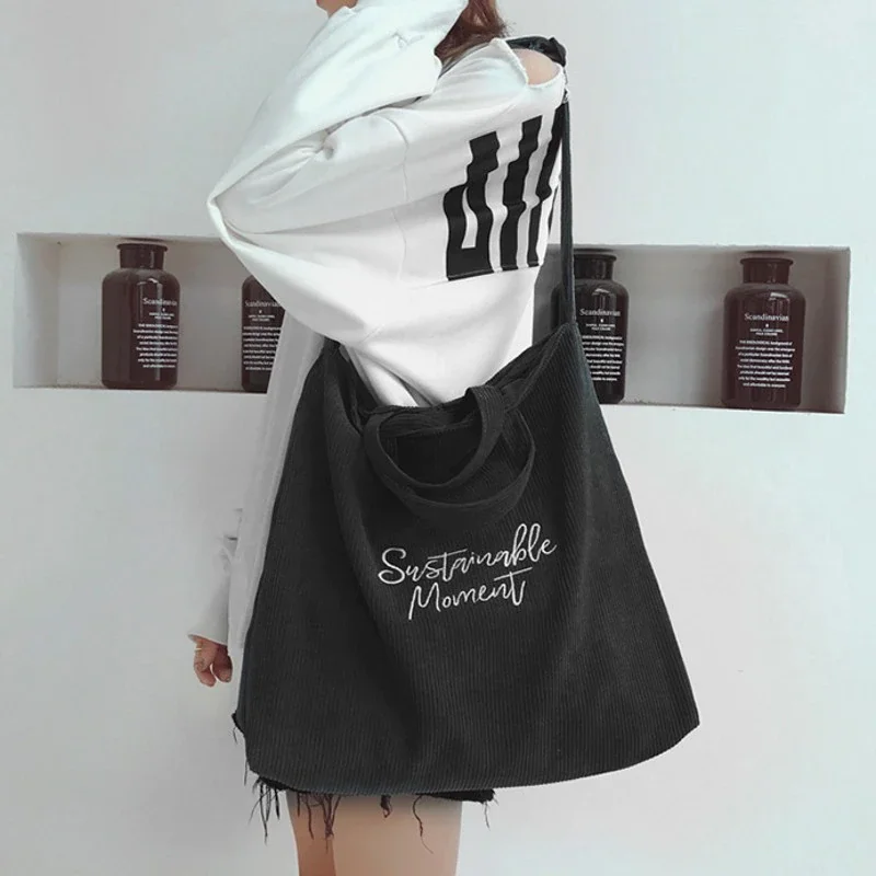Woherb Women Corduroy Shoulder & Crossbody Bags Female Eco Cloth Handbag Large Capacity Zipper Totes Soft Embroidery Messenger Bag