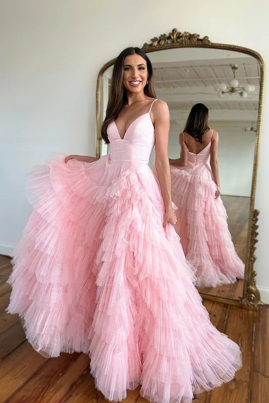 pink tutu prom dress Light Pink A-Line Tiered Spaghetti Straps Tulle Prom Dress