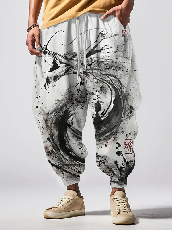 Men's Dragon Ink Painting Art Print Loose Drawstring Waist Sweatpants