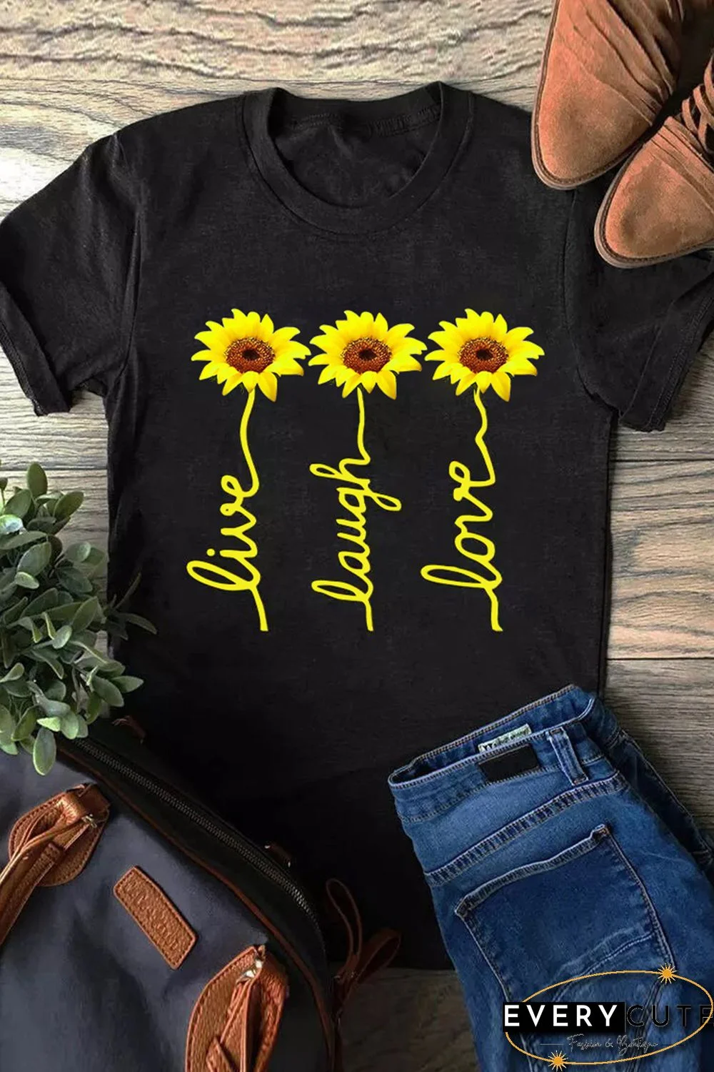 Live Laugh Love Sunflower Black T-Shirt
