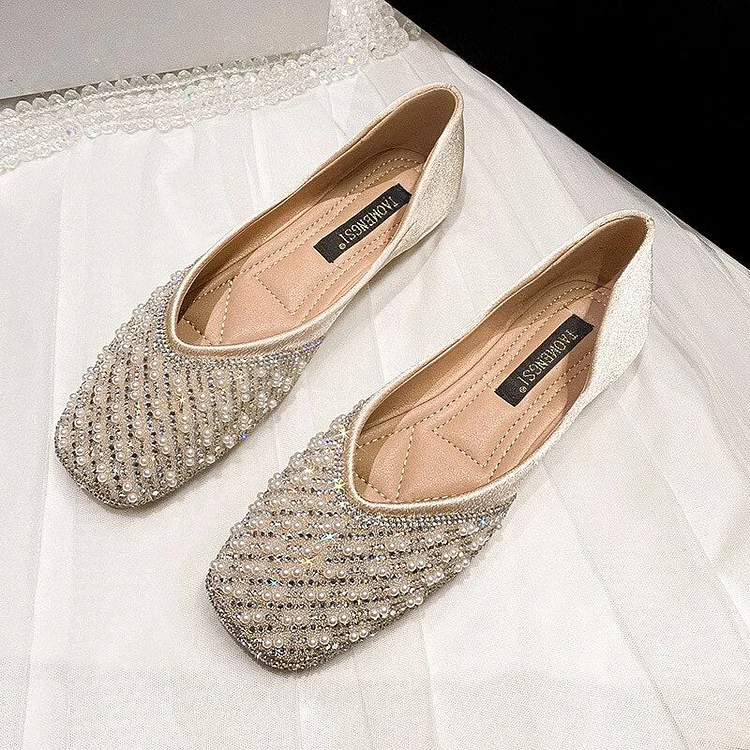 vanccy Square Head Soft Shallow Pearl Rhinestones Ballet Flats QueenFunky