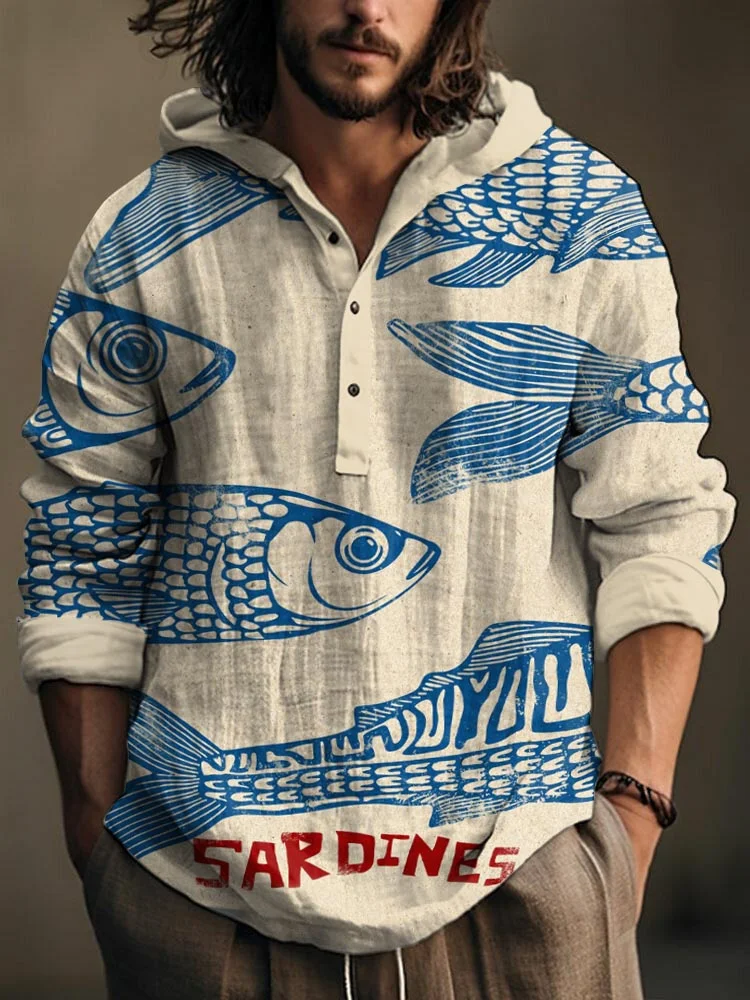 Men's Japanese Sardines Art Linen Hooded Long Sleeve Shirt