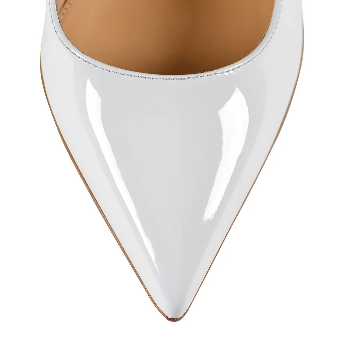 White Patent Leather Pointed Rhinestone Embellished Bridal Pumps 