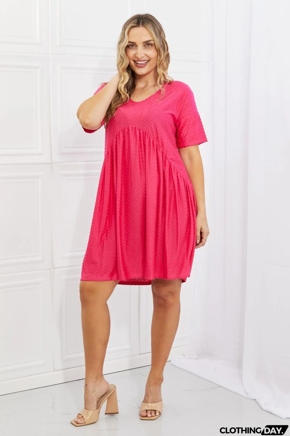 BOMBOM Another Day Swiss Dot Casual Dress in Fuchsia