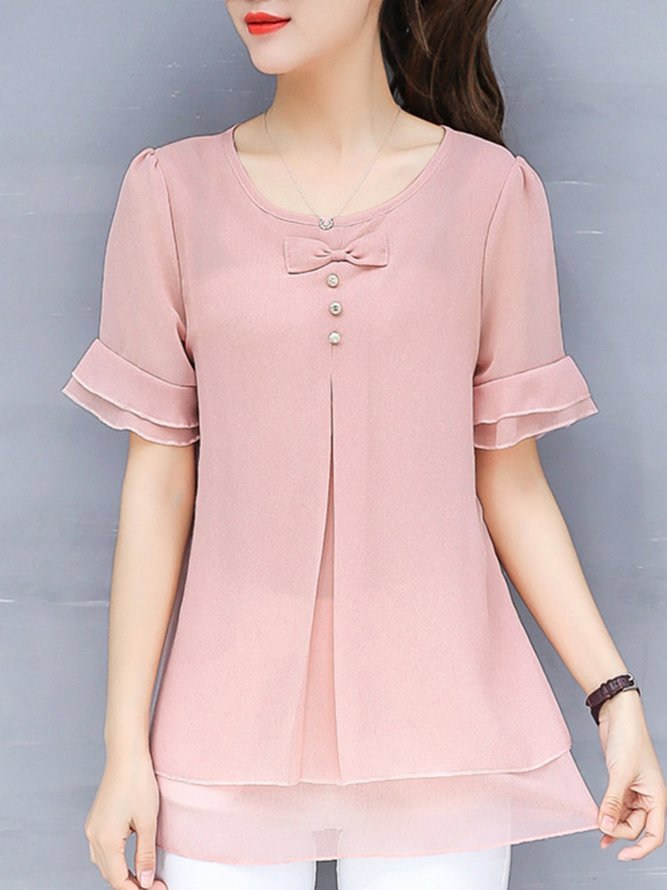 Solid Flods Bow Casual Frill Sleeve Chiffon Plus Size Blouse Zaesvini