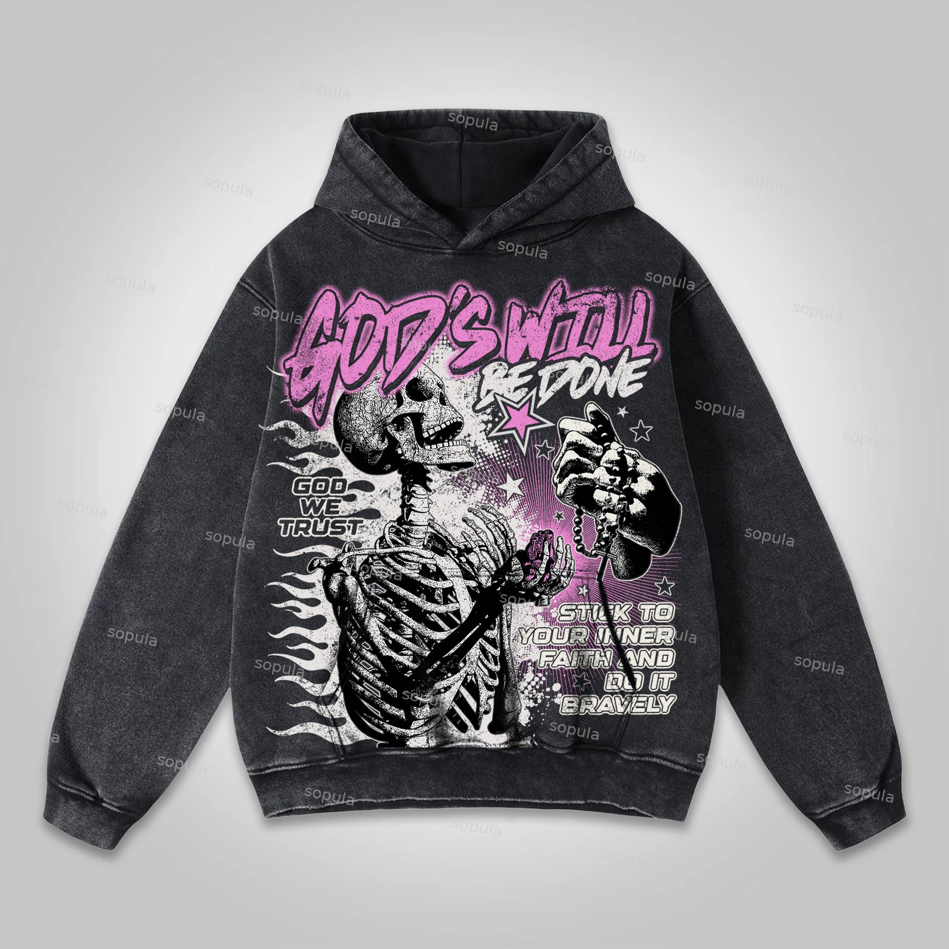 Sopula God's Will Be Done Skull Graphic Washed Hoodie - Sopula｜Premium Graphic Tees & Graphic Clothing