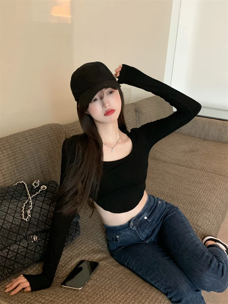 Uveng Uveng And Spicy Pure Desire Wind T-Shirt Slim Long Sleeve Design Sense Bottom Shirt Crop Hot Girl Short Student Jacket Female Early Autumn