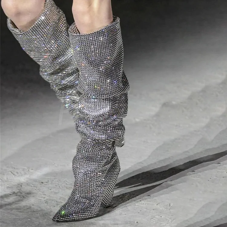 Rhinestone Block Heels Knee High Fashion Boots Vdcoo