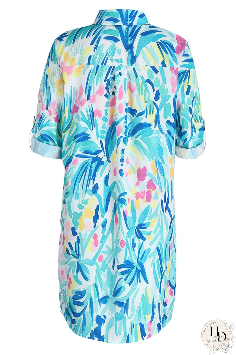 Sky Blue Casual Print Patchwork Buckle Turndown Collar Tops