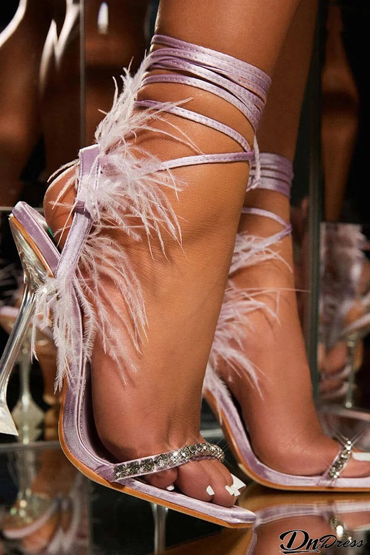 Rhinestone Feather Tie-up Square Toe Sandals