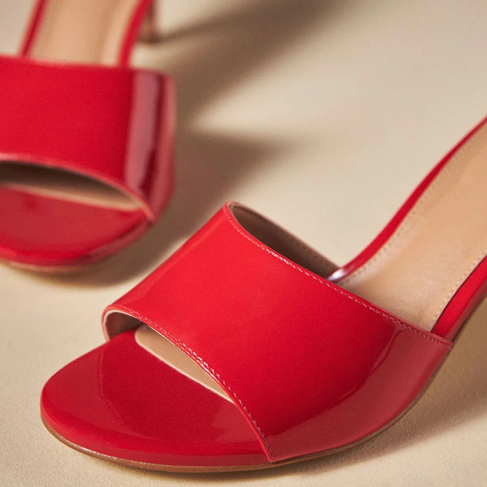 YDN Simple Red Patent Leather Open-Toe Kitten Heel Mules for Women