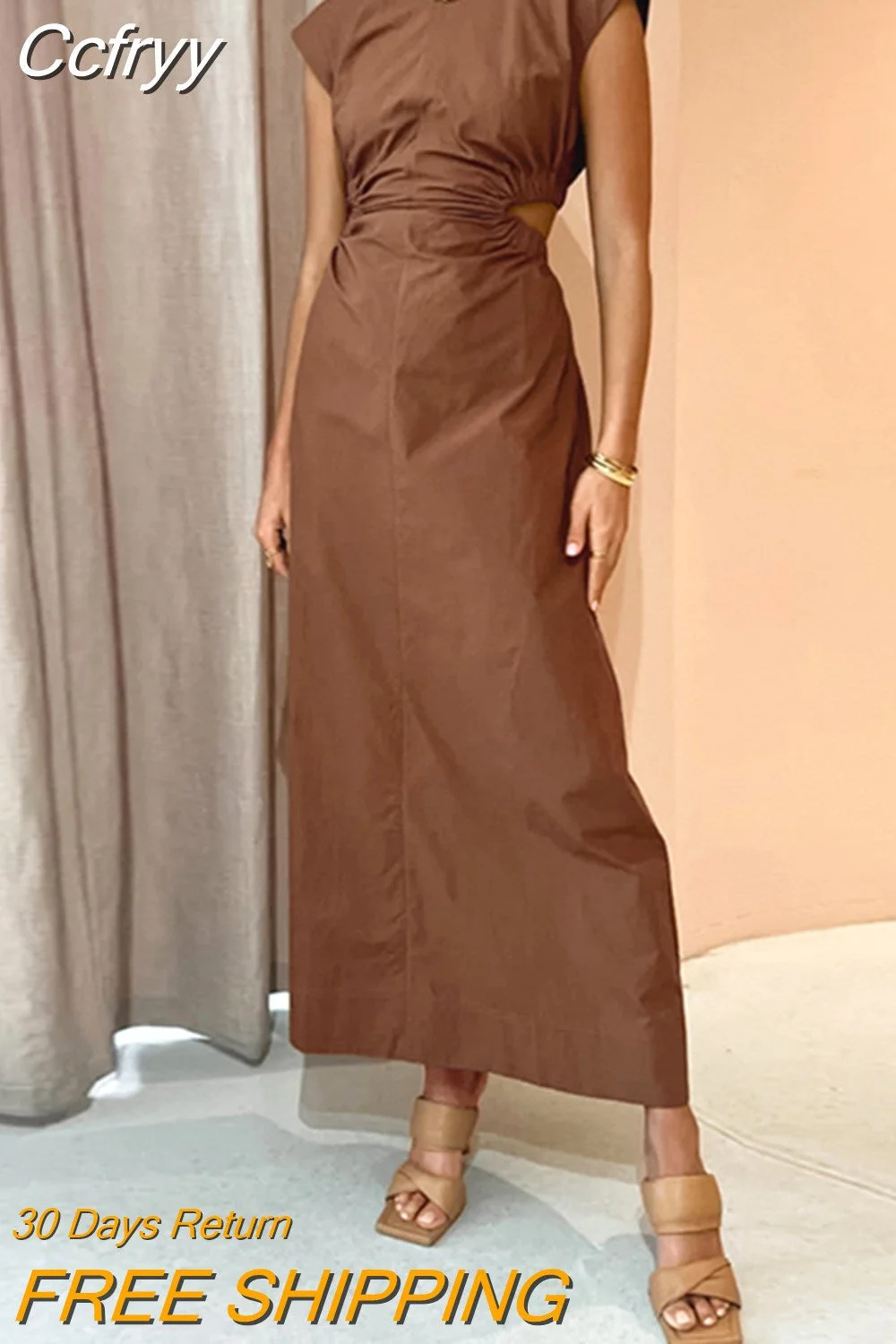 huibahe Summer Hollow Out Sexy Dress Women 2023 Fashion O-Neck Cotton Ruched Long Dresses Vacation Sleeveless Brown Sexy Dresses