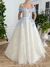 White Ethereal Bluebell 3D Flower Ball Gown Off The Shoulder A Line Princess Prom Dress Organza Tulle Floor Length Formal Corset Bodice