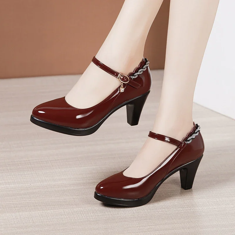 Qengg Pumps Pointed Toe Office Lady Pumps Buckle Strap Platform High Heels Women Shoes Four Season Patent Leather Shoes