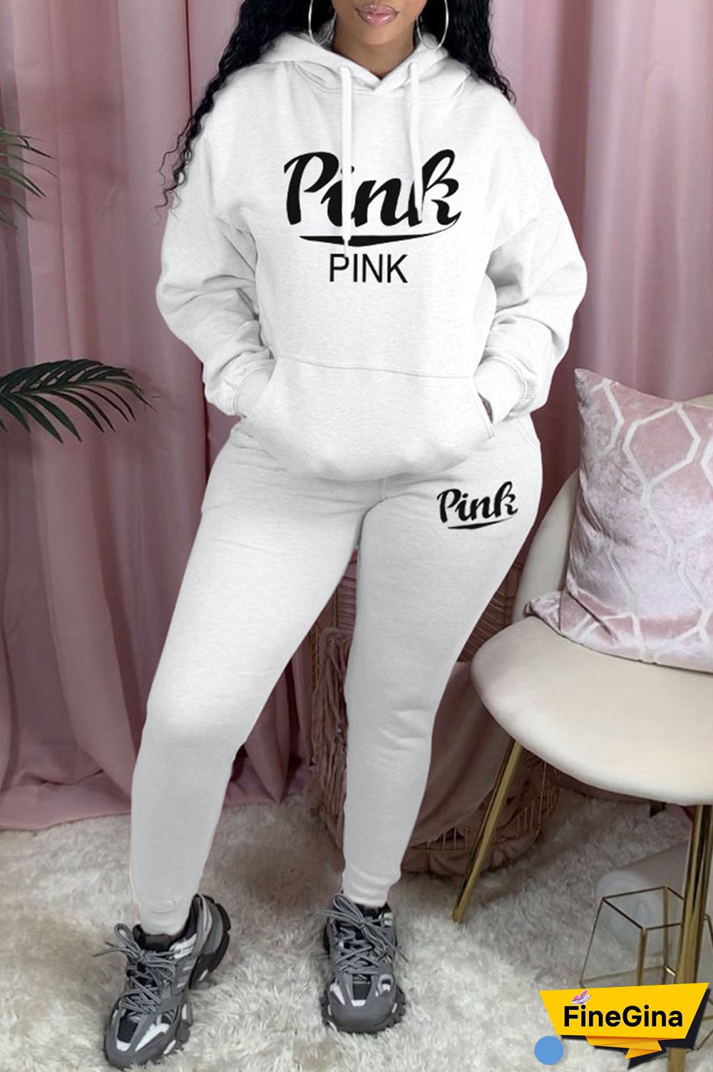 Black Casual Letter Print Basic Hooded Collar Long Sleeve Two Pieces