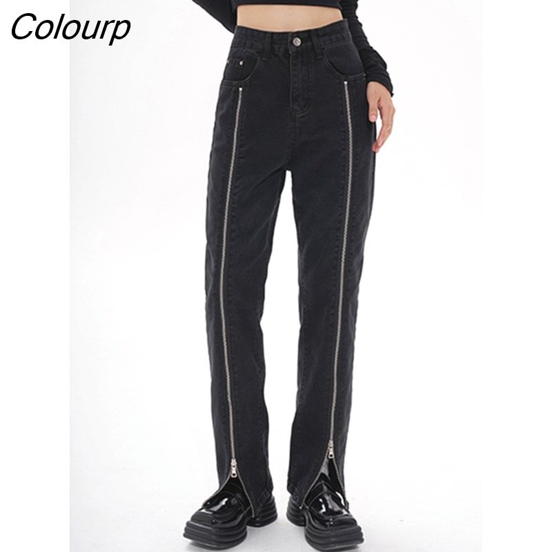 Colourp Women's Jeans High Waist Chic Design Black Fashion Streetwear Straight Pants Baggy Basic Vintage Female Wide Leg Denim Trouser