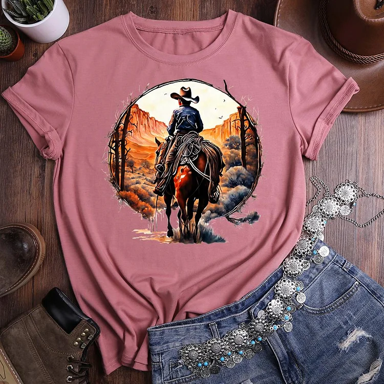 western cowboy horse Round Neck T-shirt-0020691