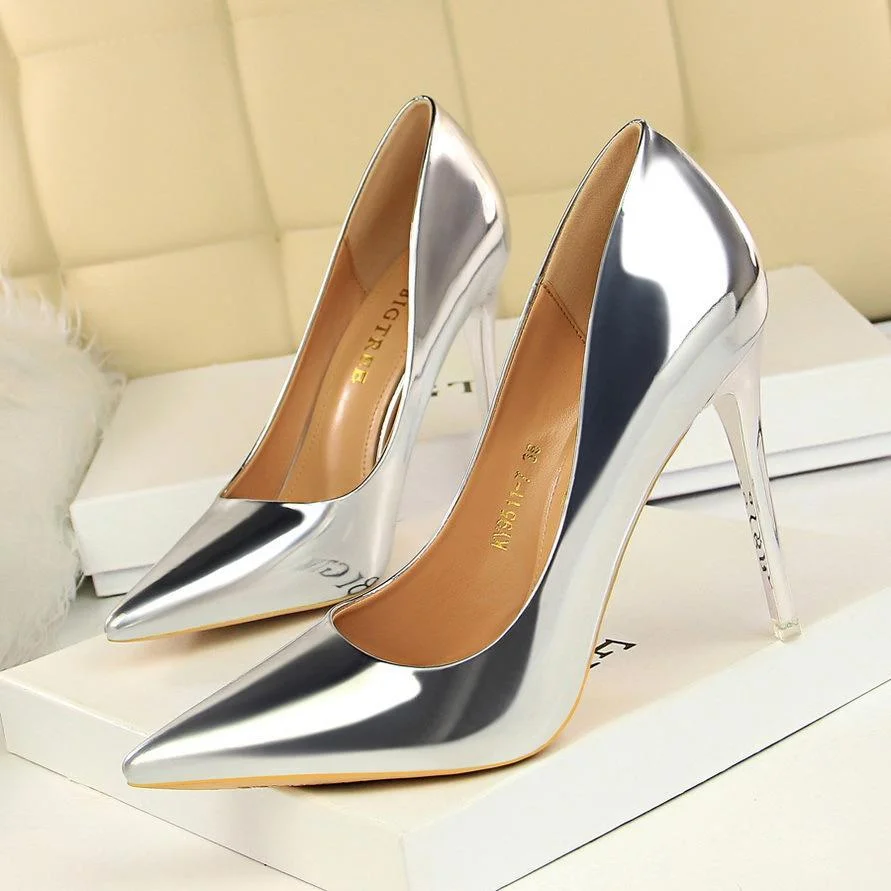 Fashion sexy shallow mouth pointed metal high-heeled shoes