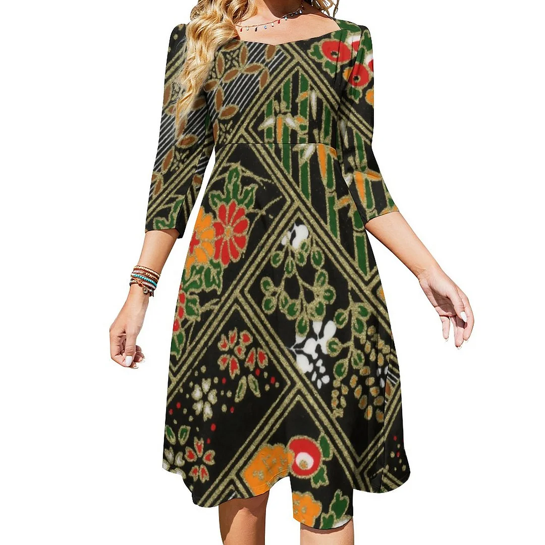 Vintage Japanese Kimono Floral Dress Sweetheart Tie Back Flared 3/4 Sleeve Midi Dresses