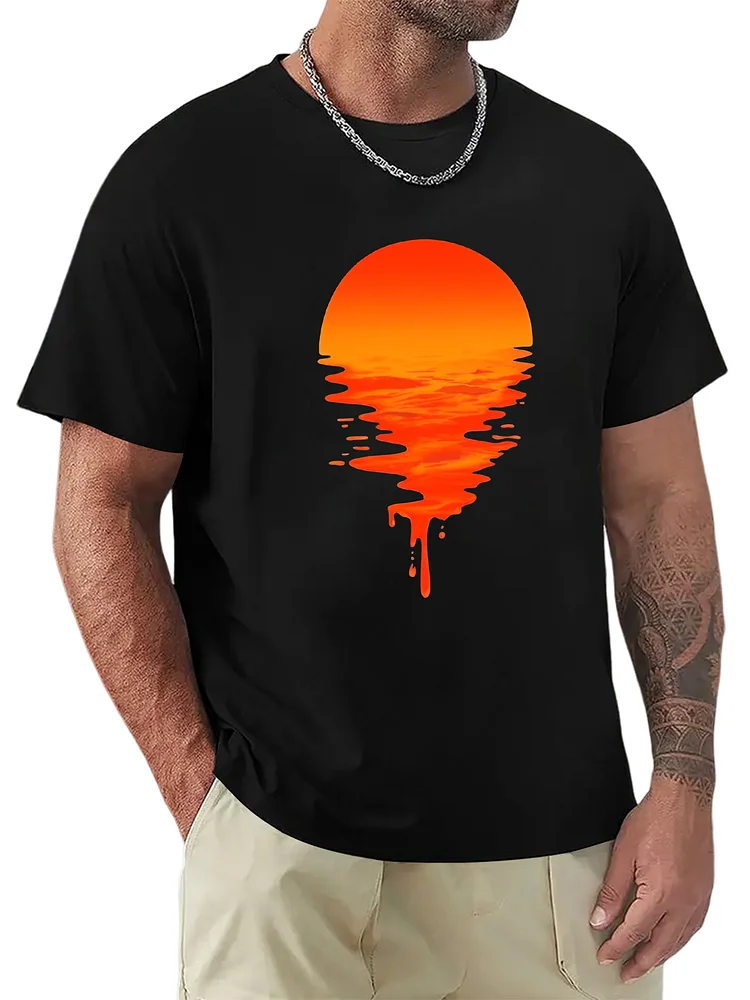 Men's Hawaiian Sunset Print Solid Color Short Sleeve T-Shirt
