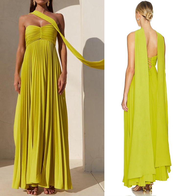 Thepearlpad Elegant Strapless Ribbon Pleated Dresses Women Sexy One Shoulder Tube Backless Long Dress 2025 New Lady Evening Party Robes