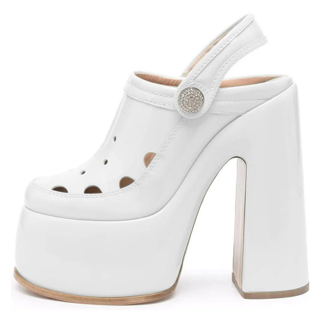 Patent Leather Slingback Rhinestone Platform Heel Ivory Mary Janes