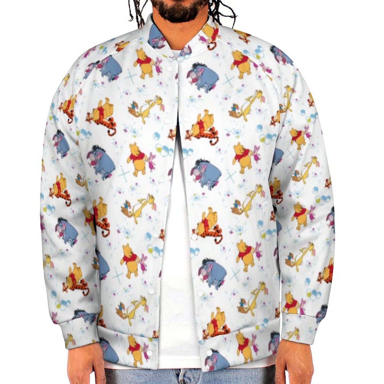 Cute Bear Character Hanging With Friends Pattern Sweatshirt Jacket Mens Casual Lightweight Button Up Bomber Jacket Outwear