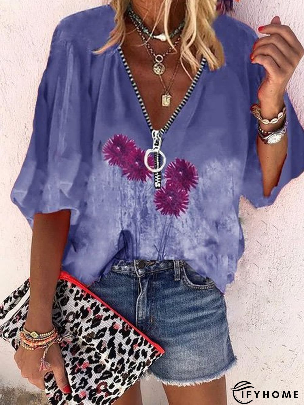 Cotton Floral V Neck Loose shirt | IFYHOME