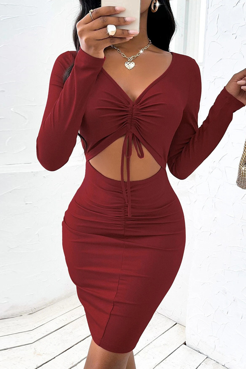 Red Fashion Street Solid Frenulum Fold V Neck Wrapped Skirt Dresses | EGEMISS