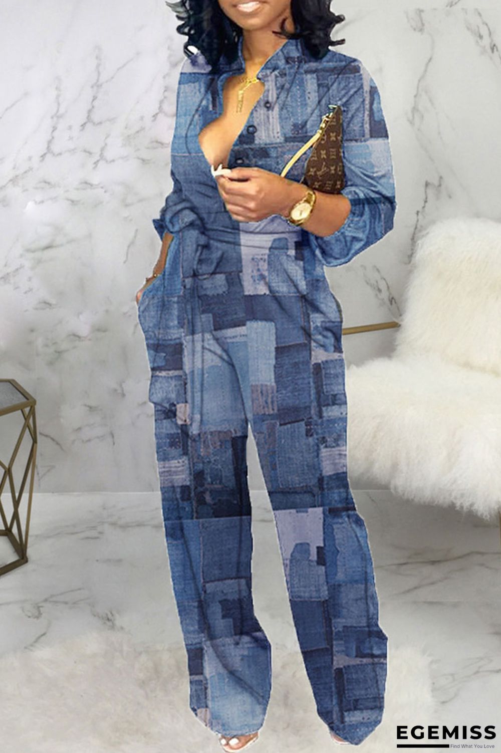 Dark Blue Casual Color Lump Print Bandage Patchwork Buckle Mandarin Collar Straight Jumpsuits | EGEMISS
