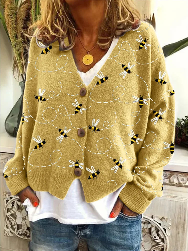 Comstylish Flying Bees Embroidery Pattern Cozy Cardigan