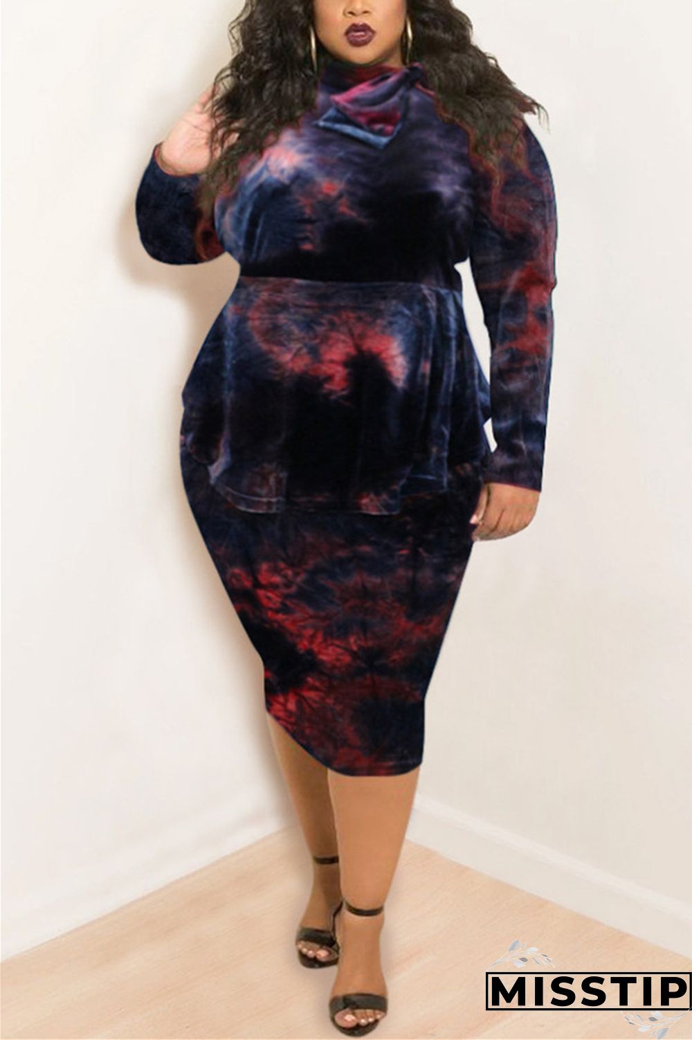 Purple Fashion Casual Plus Size O Neck Long Sleeve Regular Sleeve Print Tie Dye Printed Dress