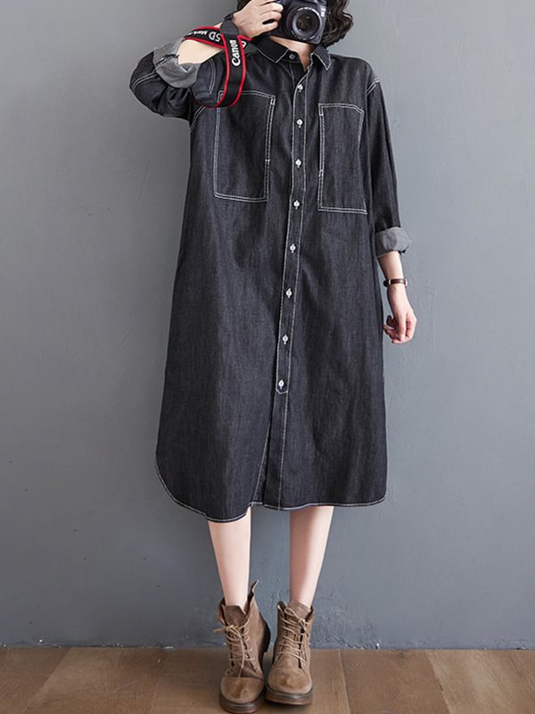 Casual Denim Loose Long Shirt Lapel Dress