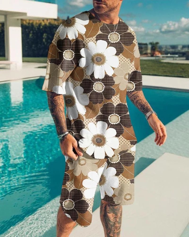 Men's Holiday Khaki Contrast Floral Print Shorts Suit