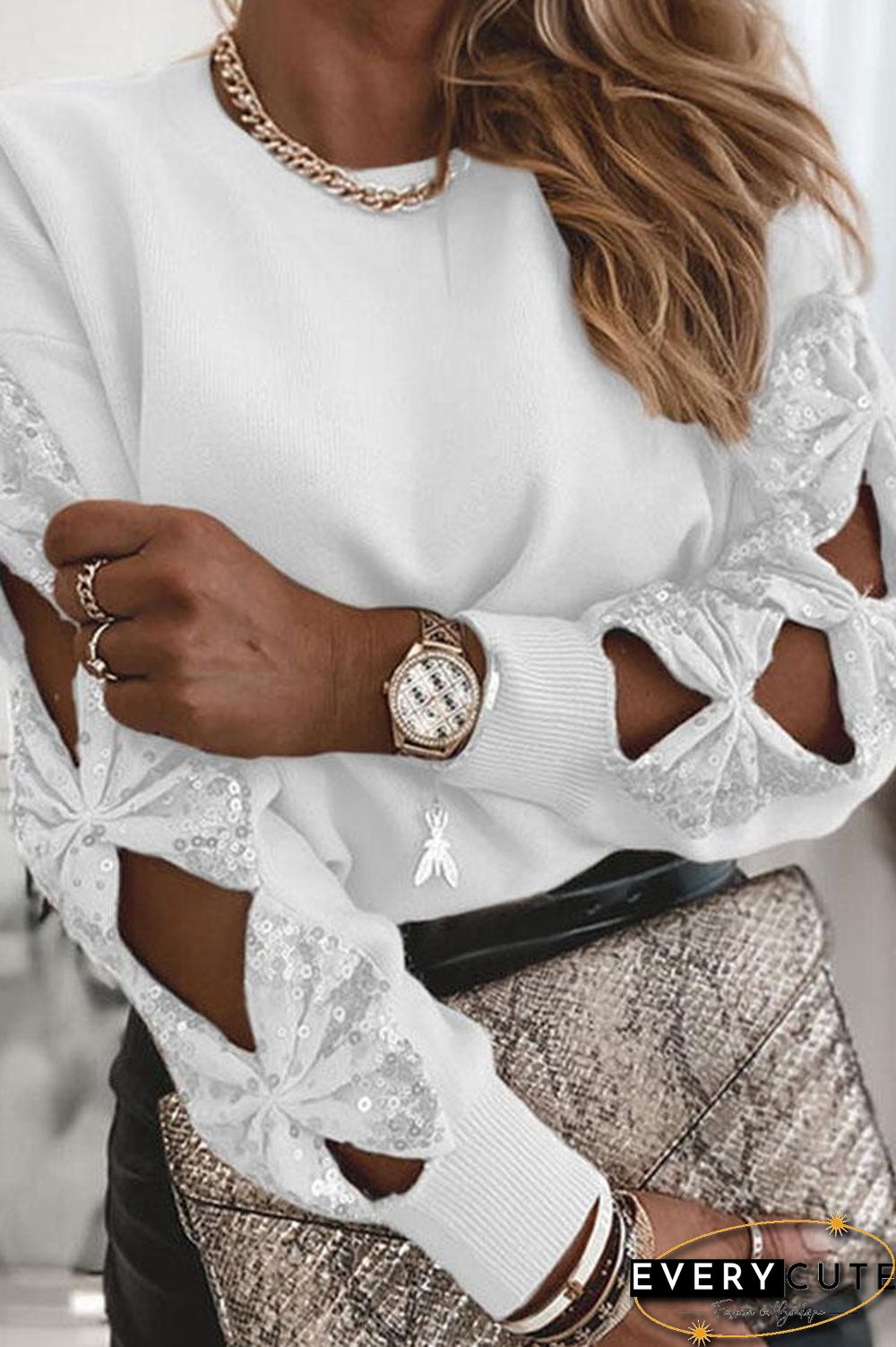 Striking Patchwork Sequins Round Neck Sweater P15517