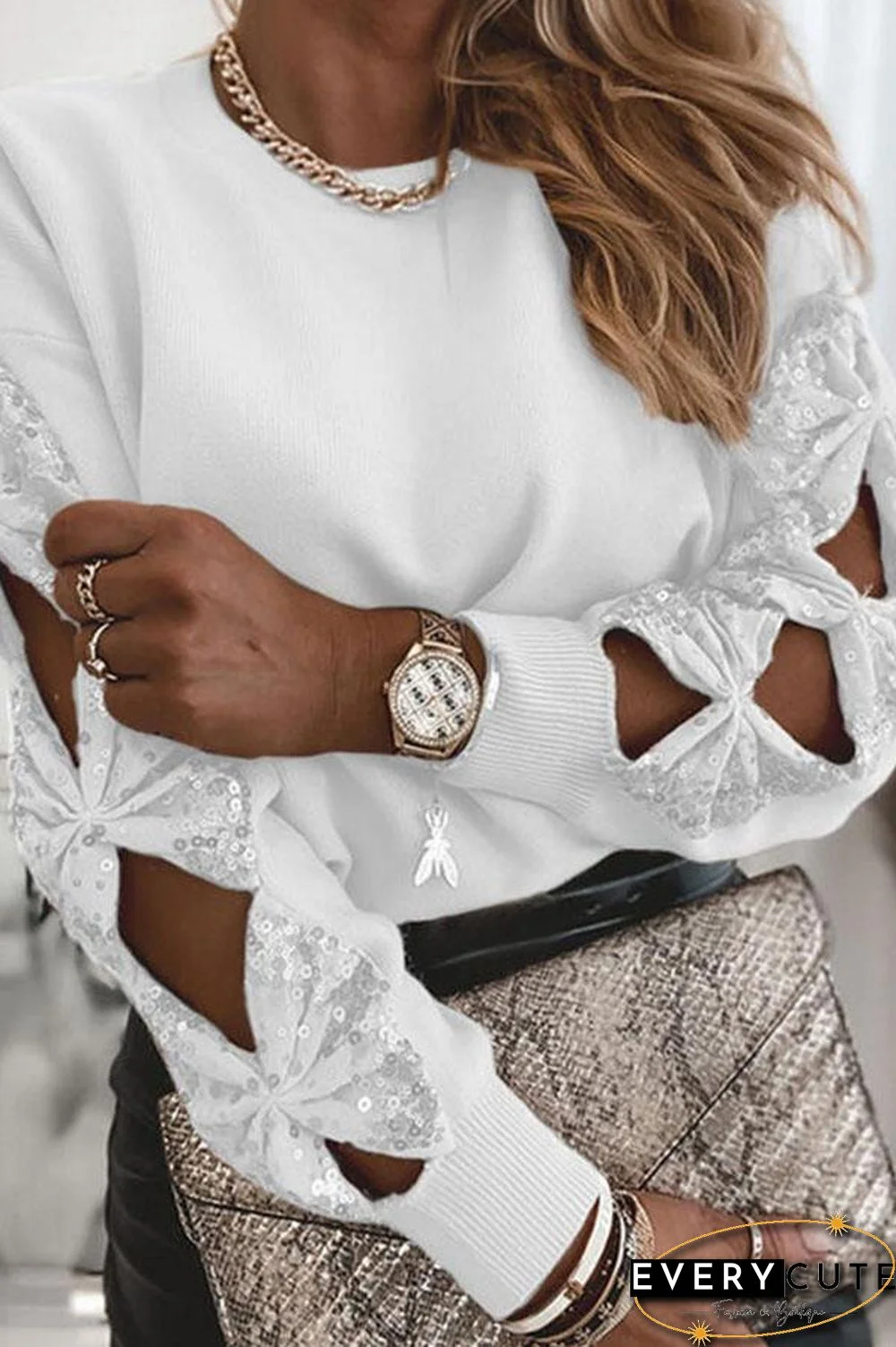 Striking Patchwork Sequins Round Neck Sweater P15517