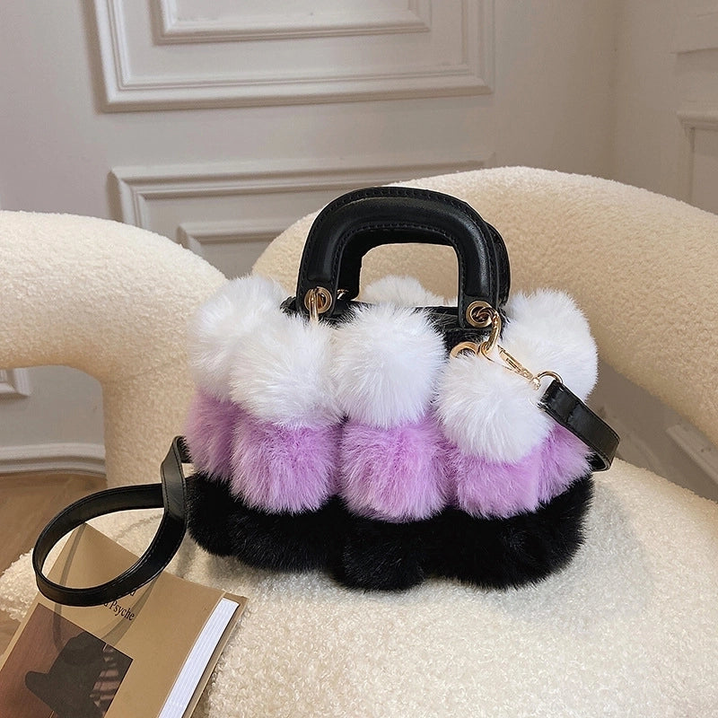 Fur Dinner Bag Fashion Stitching Contrast Color Fur Ball Handbag  Winter New Small Square Bag Shoulder Messenger Bag