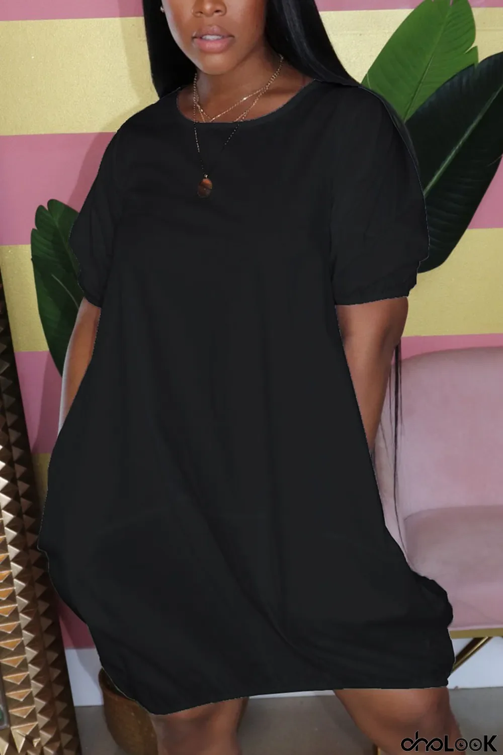 Black Casual Bubble sleeves Short Sleeves O neck Lantern skirt Knee-Length Solid Dresses