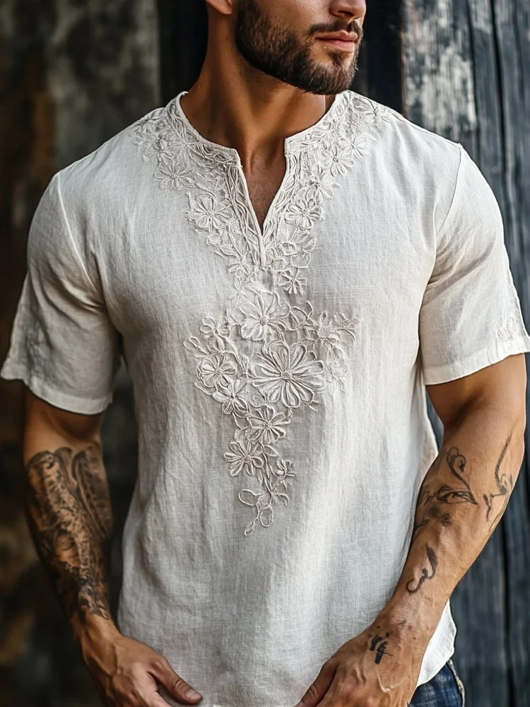 Men's Floral Lace Embroidered Linen Cozy Shirt