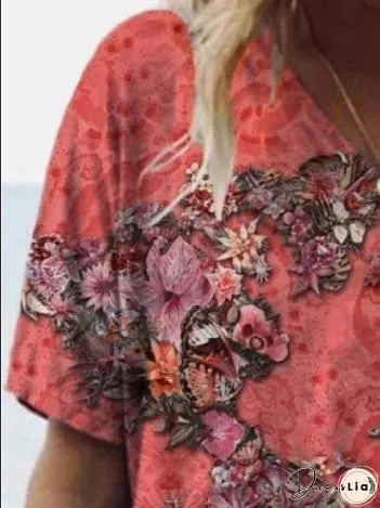 Fashion Map Printed V-neck Short-sleeved T-shirt for Women