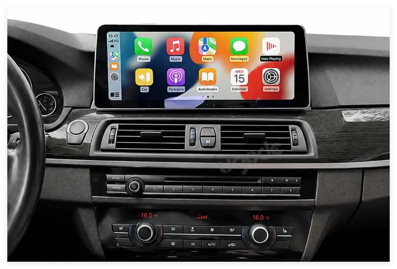 BMW 5 Series F10 F11 Android screen installed with Apple CarPlay on the factory dashboard