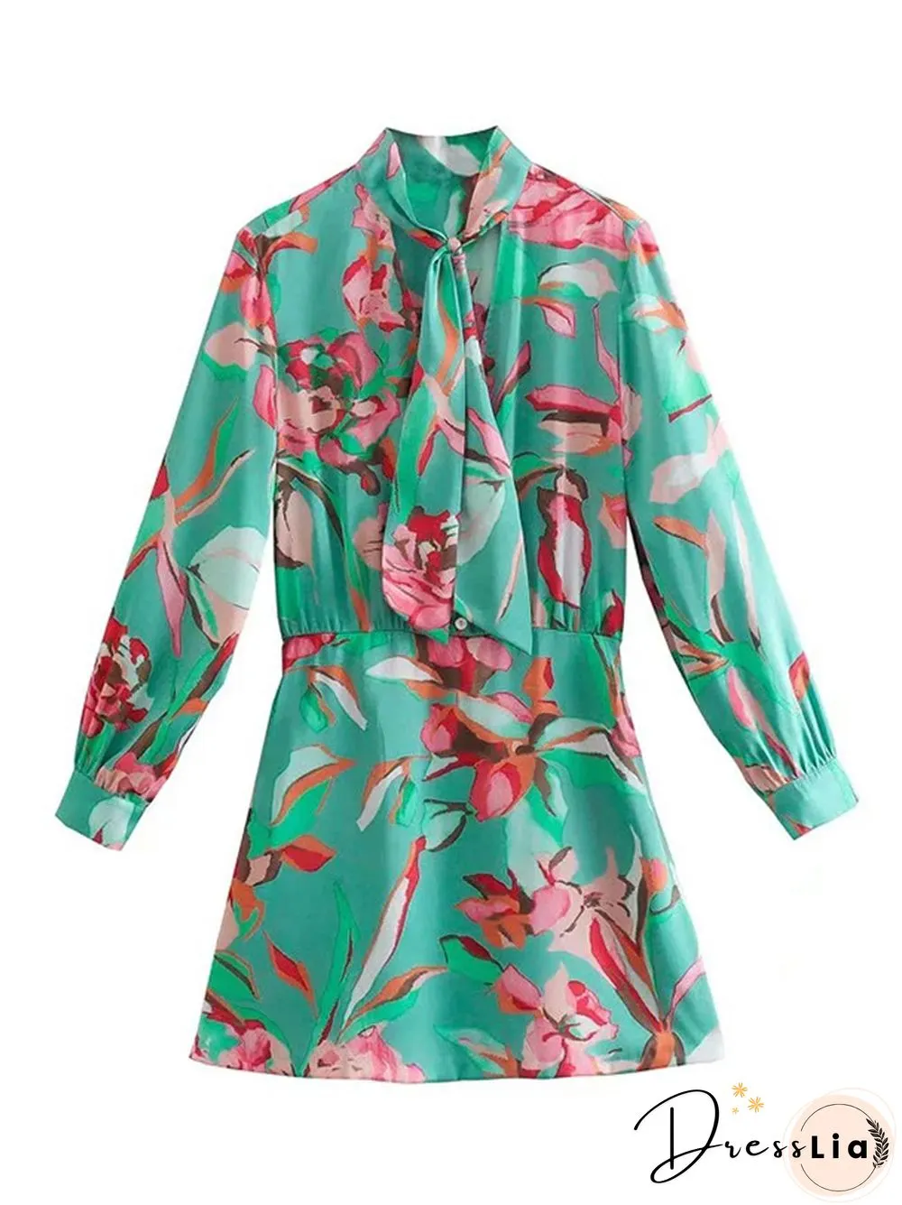 Summer Womens Elegant Print Bow Dress Female Causal Fashion Long Sleeve Turn Down Collar