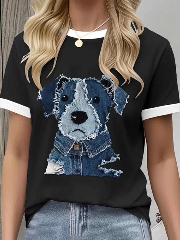 Utbros Women's Retro Funny Denim Patch Animal Dog Print Crew Neck T-shirt