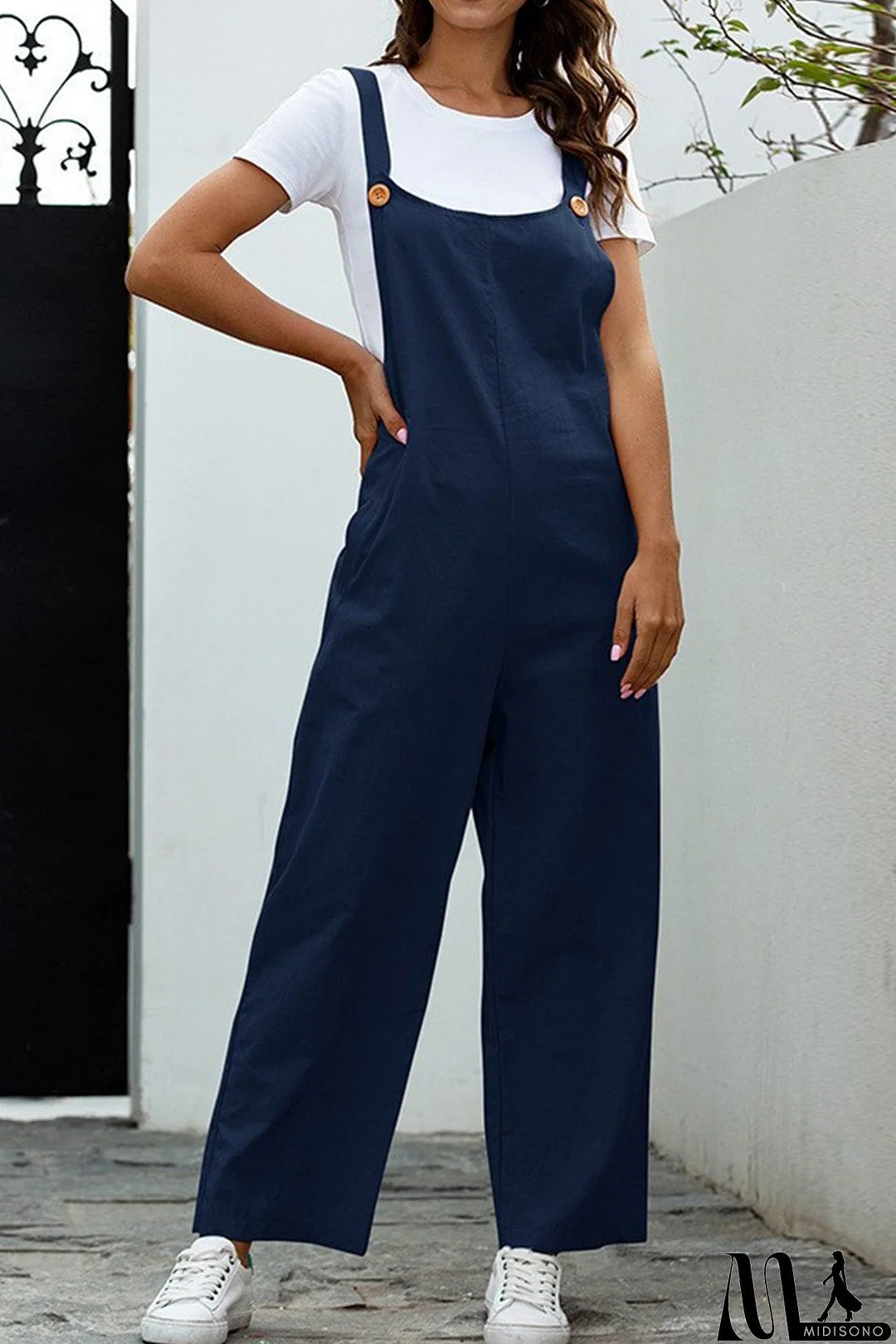 MidiSono - Solid Color Sleeveless Long Pants Jumpsuits