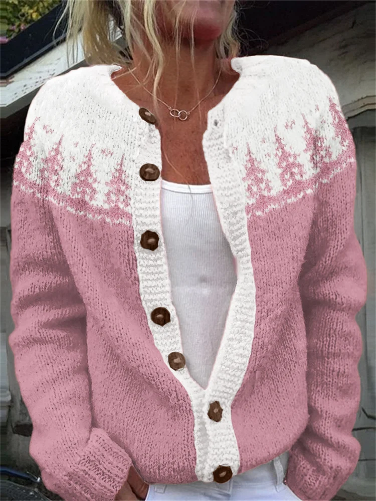Christmas Trees Yoke Contrast Color Cozy Knit Isle Cardigan