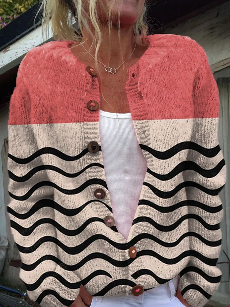Pink Soft Sun Art Print Buttoned Cardigan Sweater